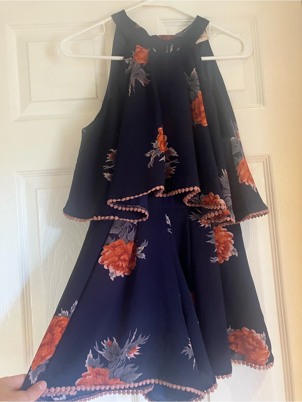 Angel Biba Navy Halter Jumpsuit with Floral Trim
